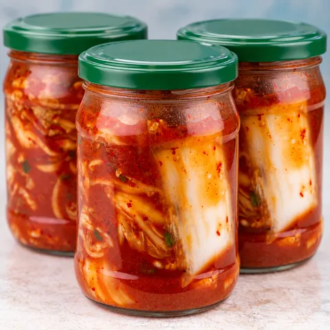 Słoiki z czerwonym kimchi z kapusty pekińskiej