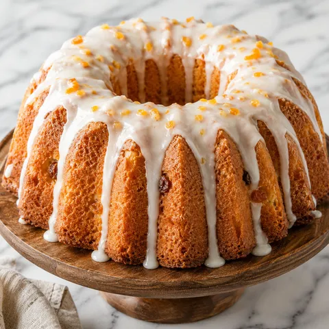 Tall golden Polish babka cake with white glaze dripping down its ridges