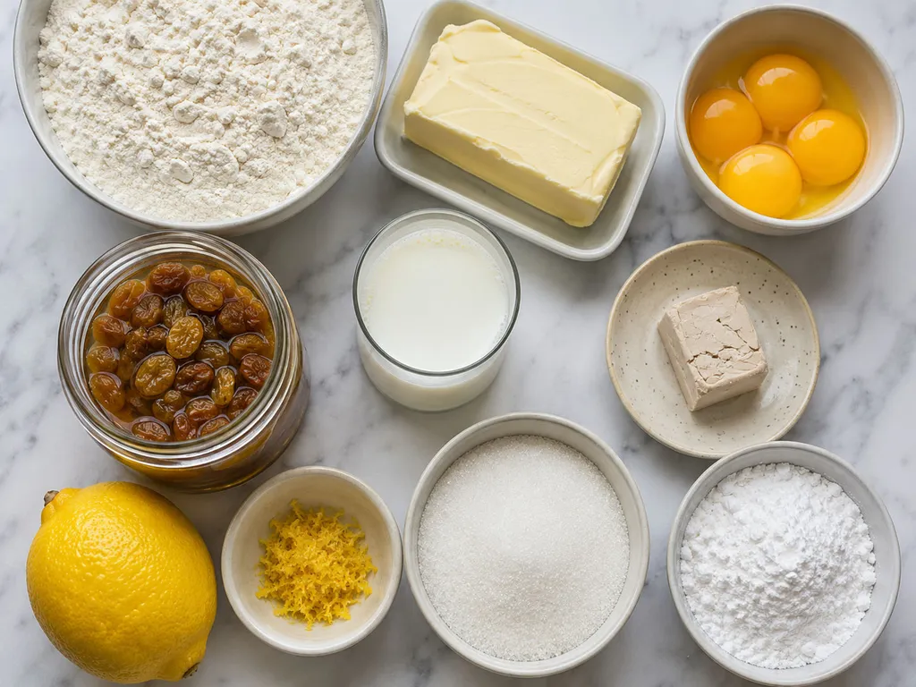 Raw ingredients for Polish babka including flour, egg yolks, butter, and rum-soaked raisins