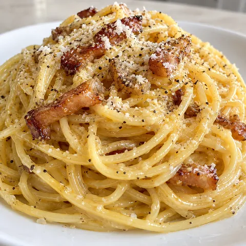 Spaghetti carbonara z guanciale, pecorino i pieprzem na białym talerzu