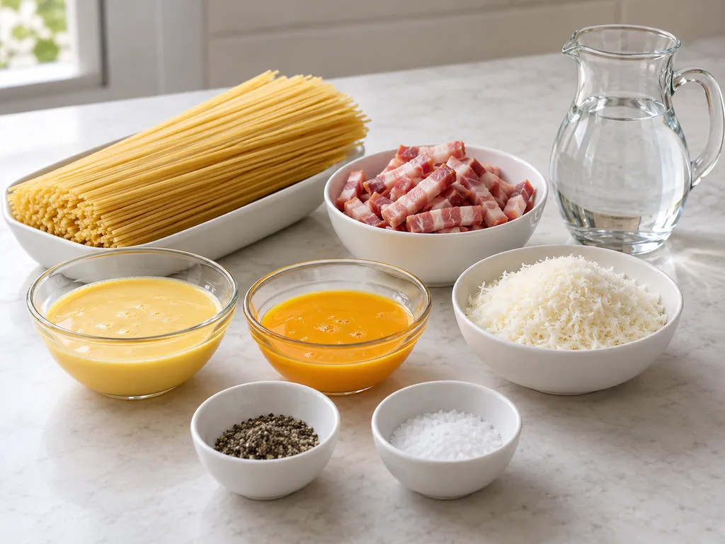 Składniki carbonary z guanciale, spaghetti, pecorino i pasteryzowanymi jajami