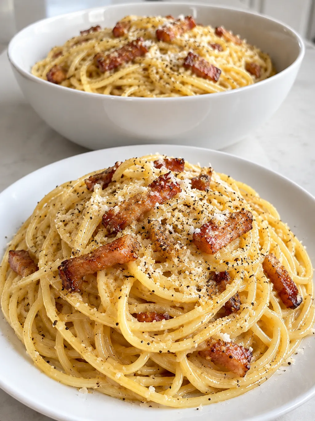 Porcja carbonary z guanciale i pecorino przed pełną miską makaronu