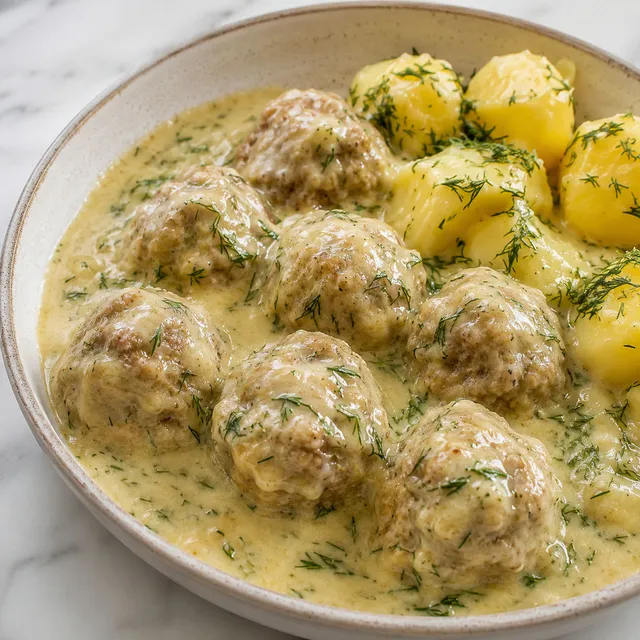 Polish meatballs in creamy dill sauce with boiled potatoes in a ceramic bowl