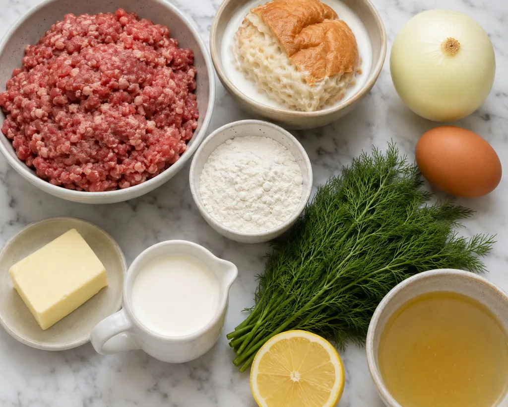Raw ingredients for Polish meatballs in dill sauce on a wooden table