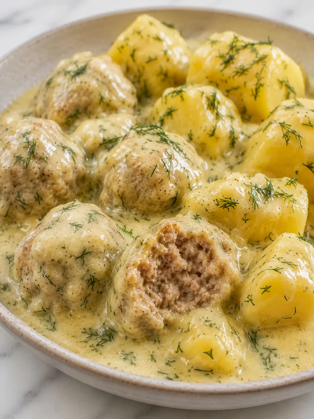 Meatballs in creamy dill sauce spooned over boiled potatoes on a plate