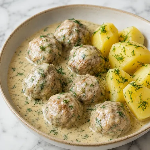 Polish meatballs in creamy dill sauce with buttery potatoes in a ceramic bowl