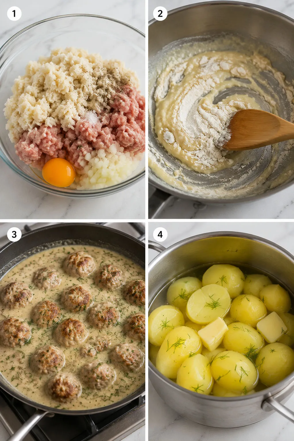 Four steps of making Polish meatballs from rolling to simmering in dill sauce