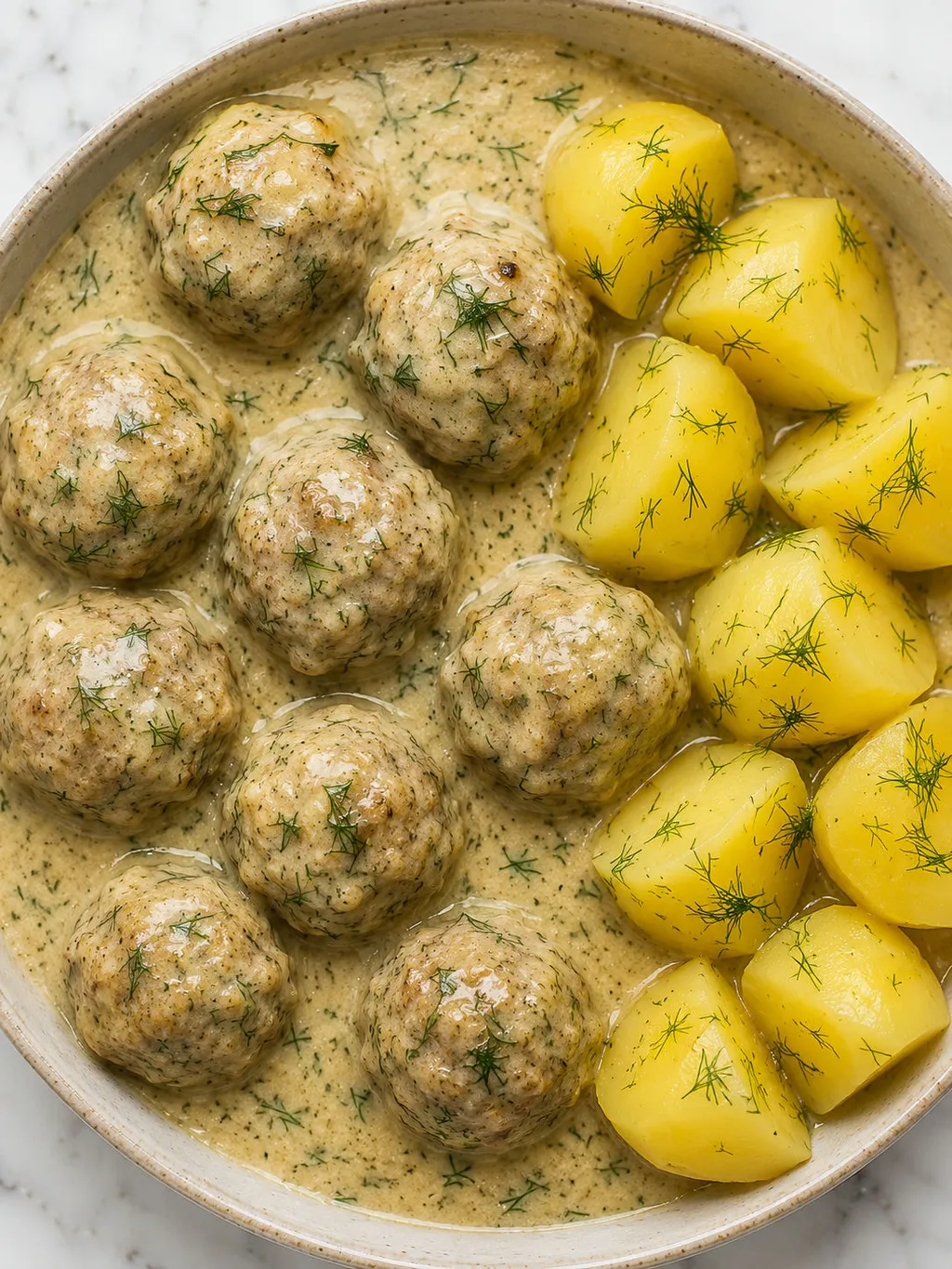 Top-down view of Polish meatballs in dill sauce with buttery potatoes