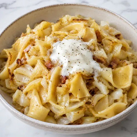 Golden fried cabbage and egg noodles topped with a dollop of sour cream