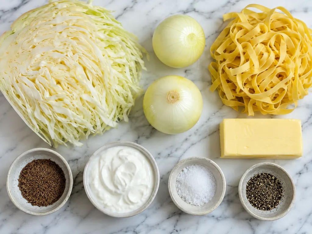 Raw cabbage, onions, egg noodles, butter and sour cream for haluski