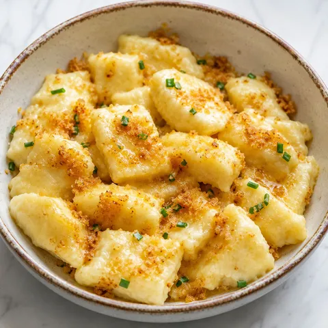 Polish cheese dumplings kluski z serem topped with melted butter and golden breadcrumbs