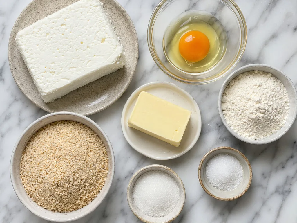 Raw ingredients for Polish cheese dumplings including twaróg, egg, flour and butter