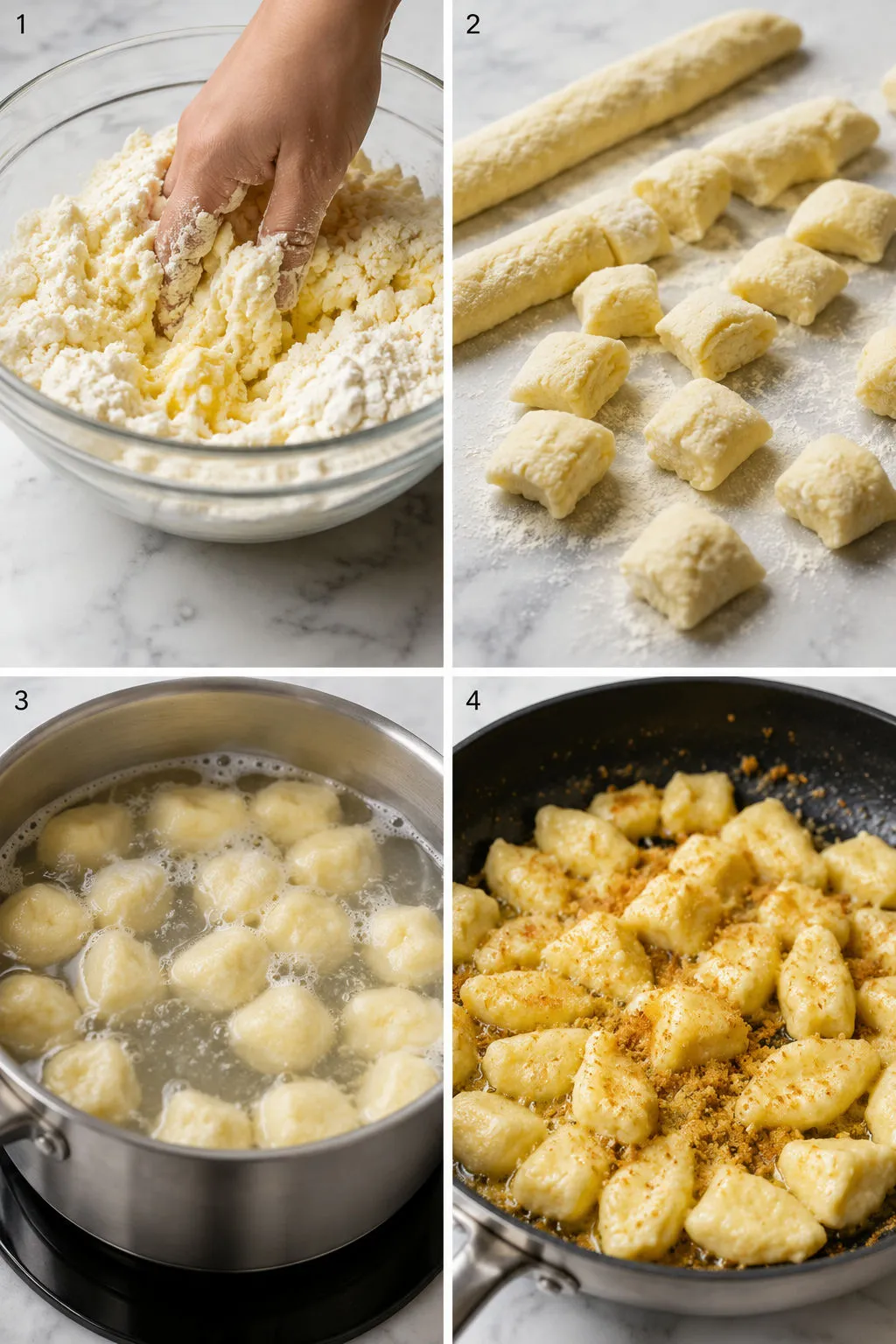 Four steps of making Polish cheese dumplings from mixing dough to buttering