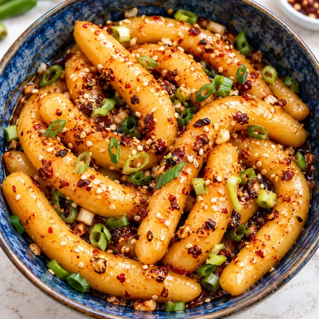 Kluski ziemniaczane po azjatycku z chili, szczypiorkiem i sezamem