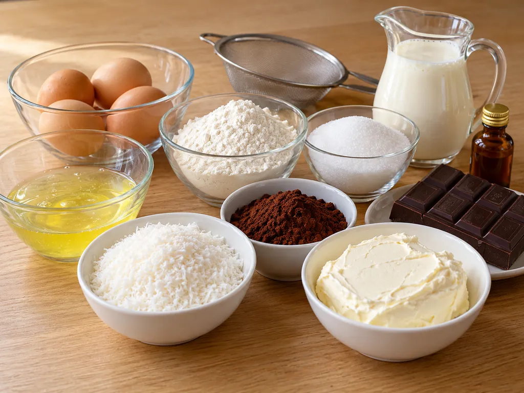 Składniki na ciasto Noc w Wenecji: kokos, kakao, mascarpone, śmietanka i czekolada