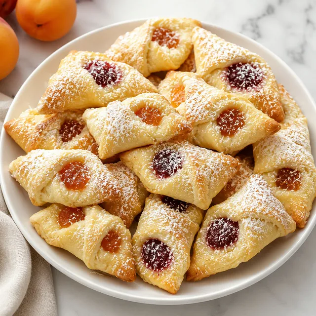 Polish kolaczki cookies filled with apricot and raspberry jam, dusted with powdered sugar