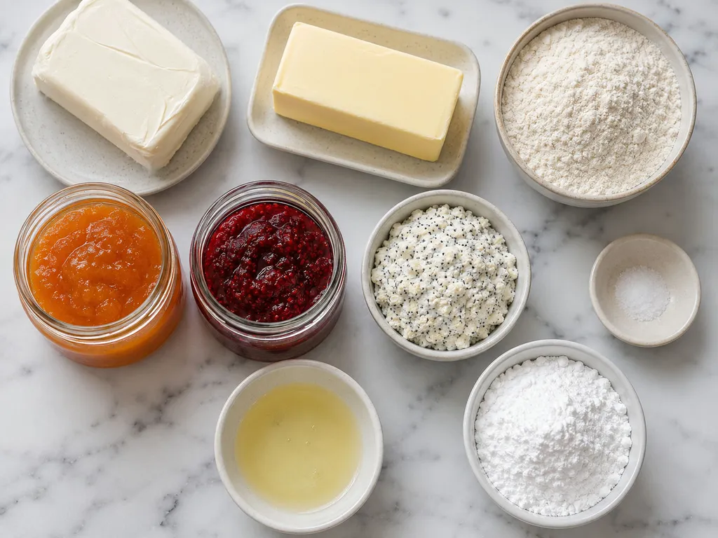 Cream cheese, butter, flour, apricot and raspberry preserves for kolaczki cookies