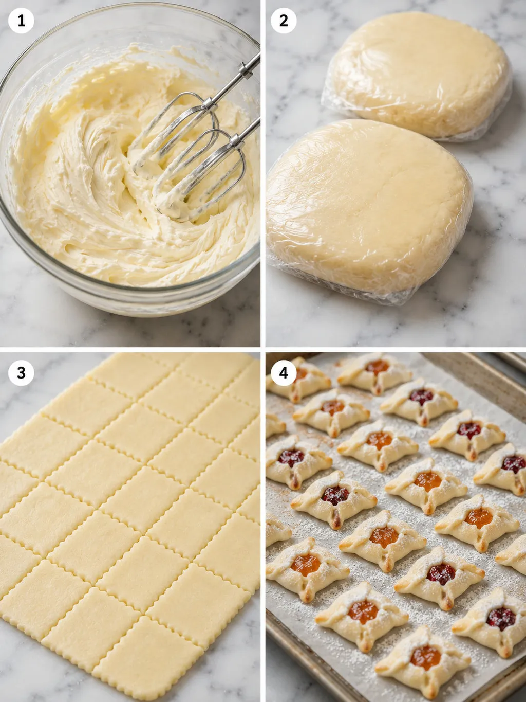 Four steps of making kolaczki cookies from dough to powdered sugar finish