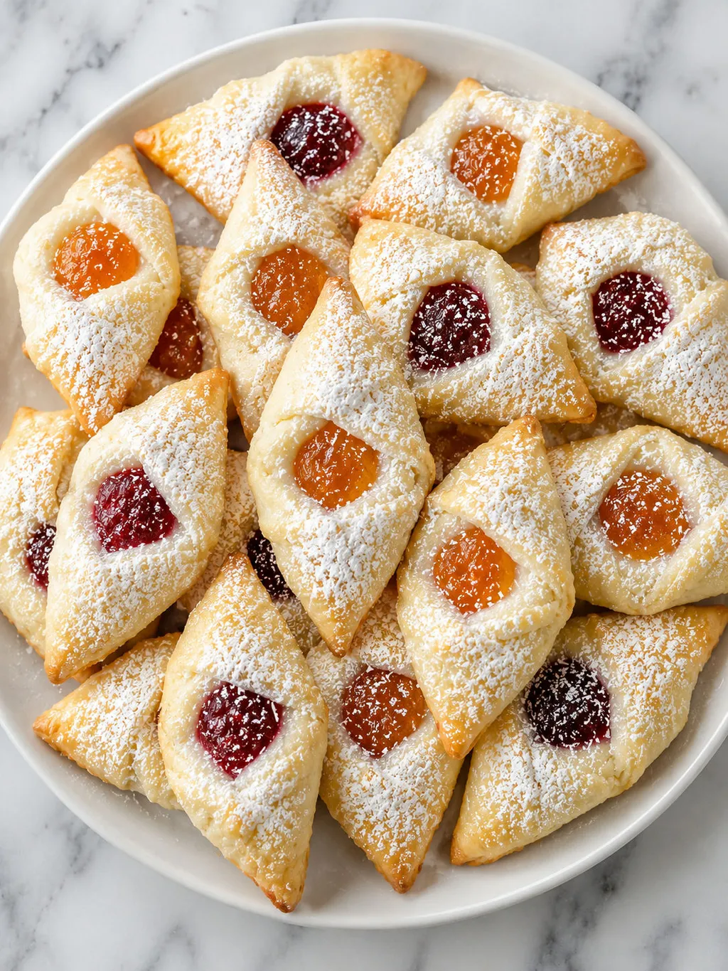 Top-down plate of kolaczki cookies with apricot and raspberry jam and powdered sugar