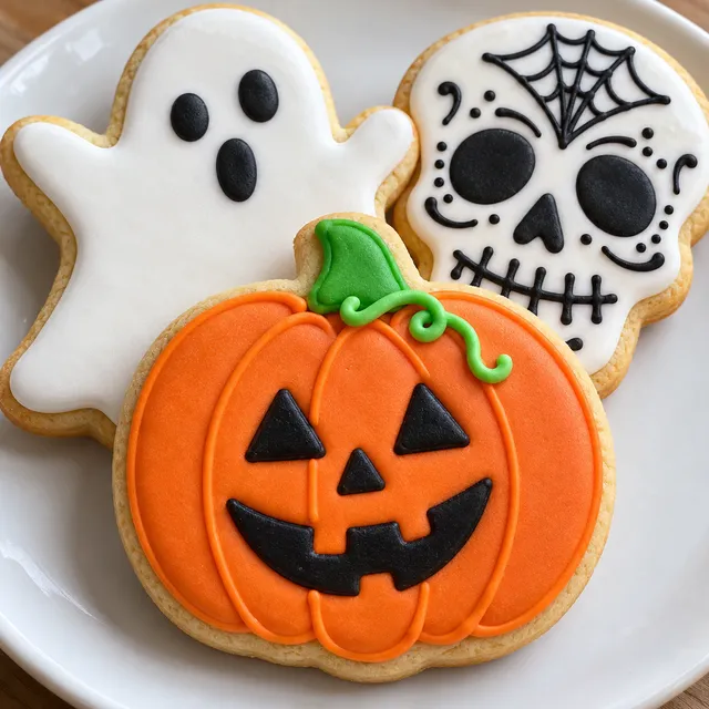 Udekorowane ciasteczka na Halloween w kształcie dyni, ducha i czaszki