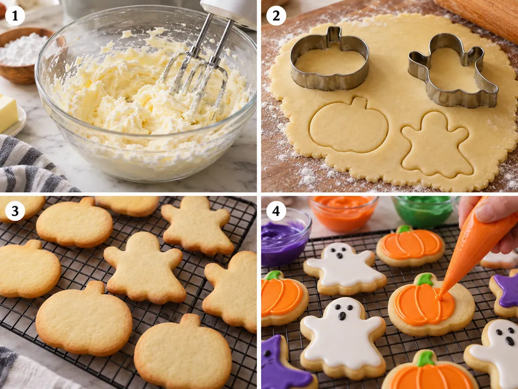Cztery etapy przygotowania ciasteczek na Halloween, od ciasta po kolorowy lukier