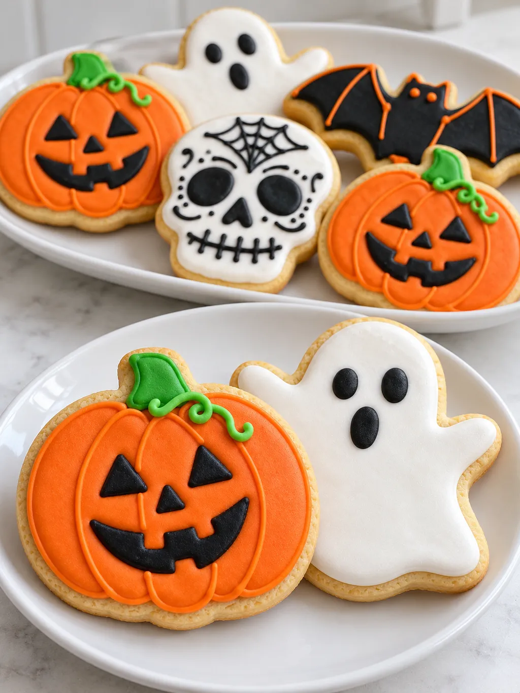 Talerz kolorowych ciasteczek na Halloween w kształcie dyni i ducha z bliska