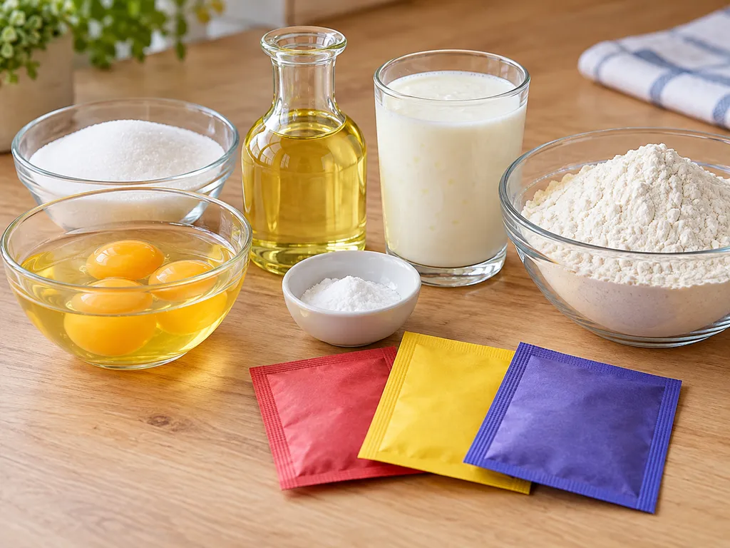Składniki na kolorowy placek z kisielem: jajka, mąka, kefir, olej i proszki kisielowe
