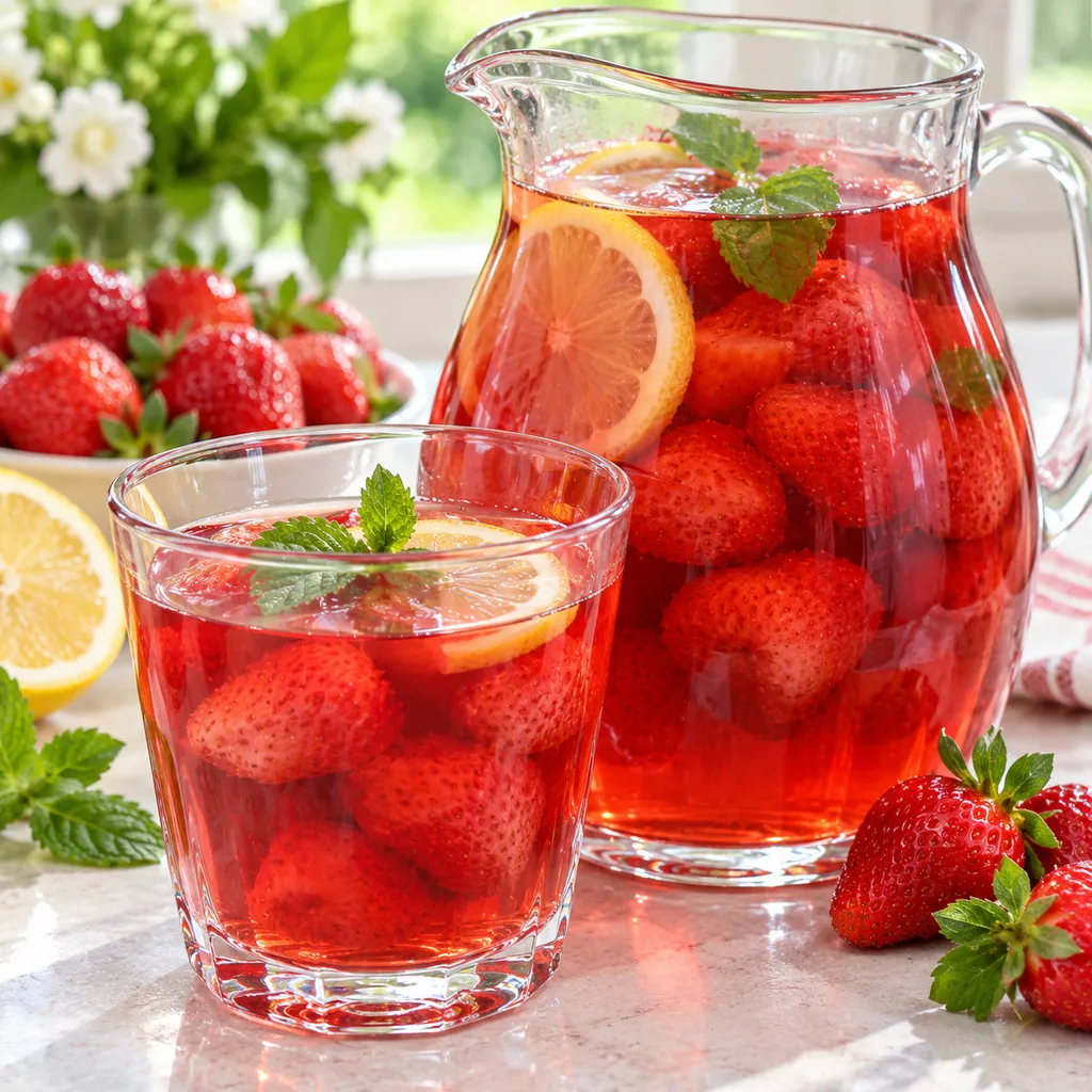 Kompot z truskawek w szklance z cytryną i miętą