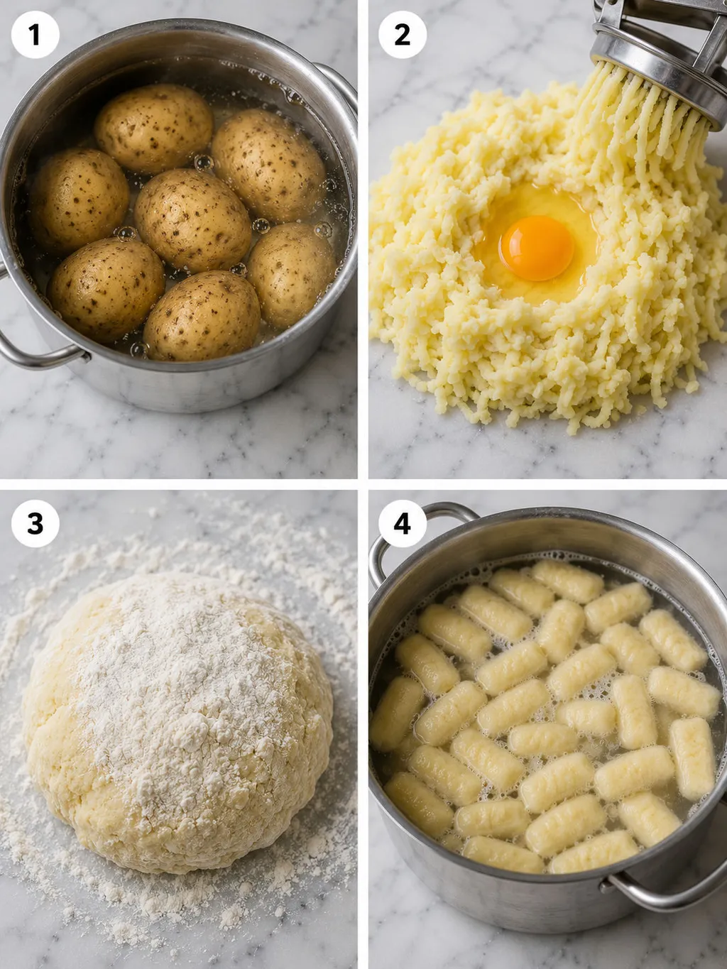 Four steps of making Polish kopytka from mashing potatoes to boiling the dumplings