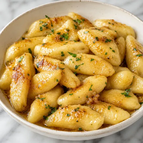 Golden potato dumplings kopytka tossed in browned butter with parsley