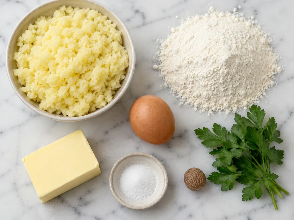 Raw ingredients for potato kopytka including riced potatoes, flour, egg and butter