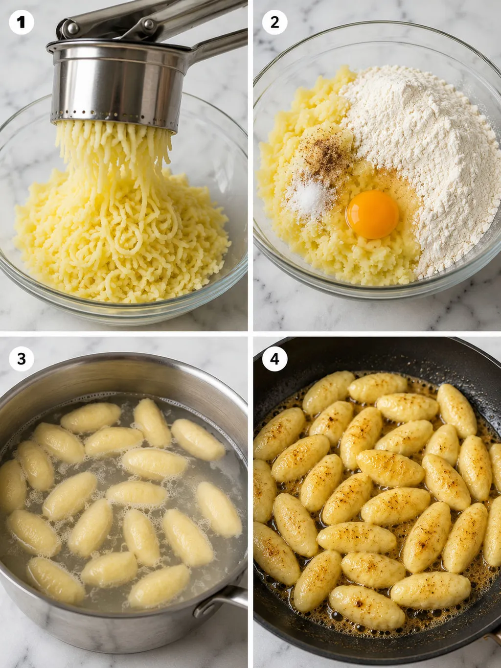Four steps of making potato kopytka from ricing to tossing in brown butter