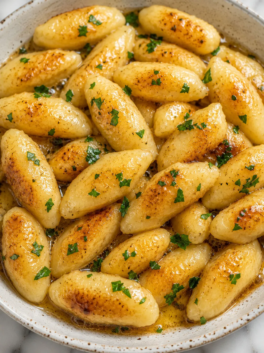 Top-down bowl of potato kopytka dumplings glazed in brown butter and parsley