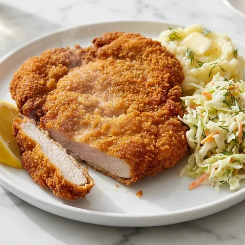 Golden breaded pork cutlet with mashed potatoes and cabbage slaw on a white plate