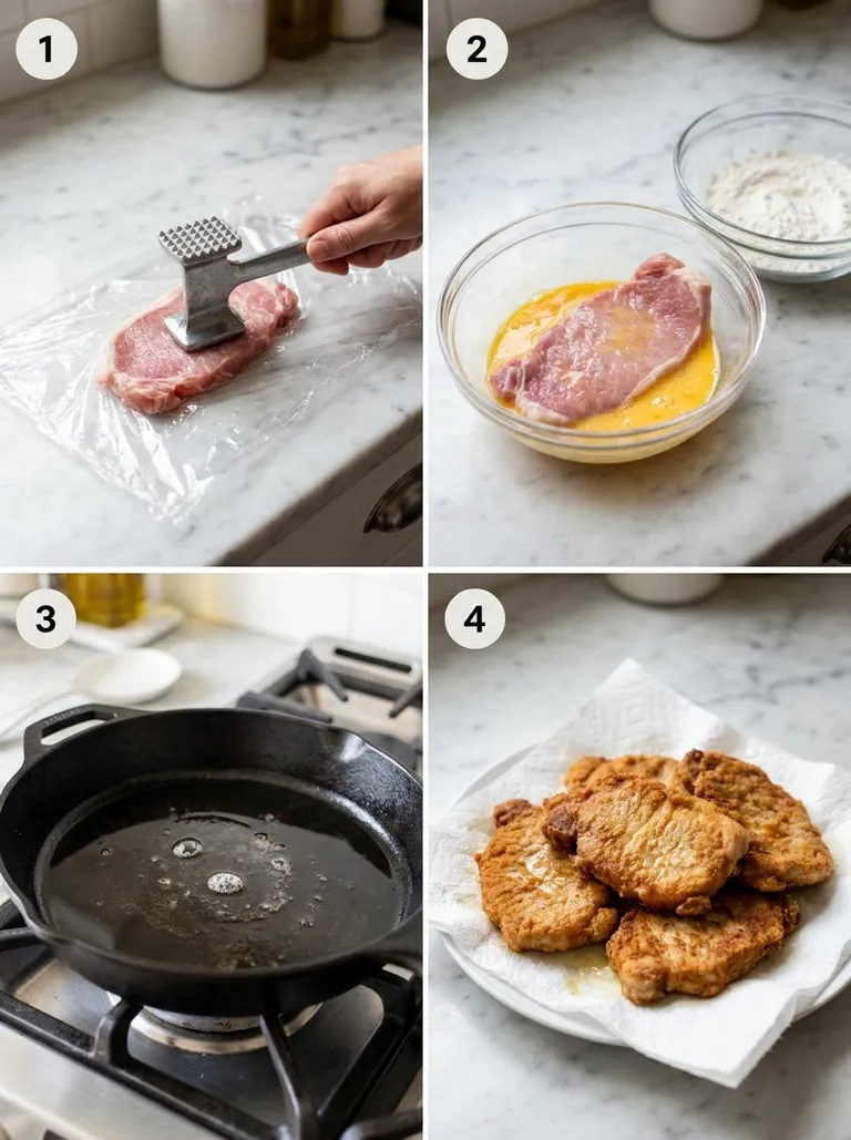 Four steps of making breaded pork cutlets from pounding to frying