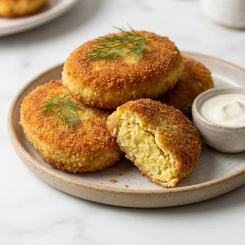 Golden crispy Polish egg cutlets on a plate with one cutlet broken open showing the filling