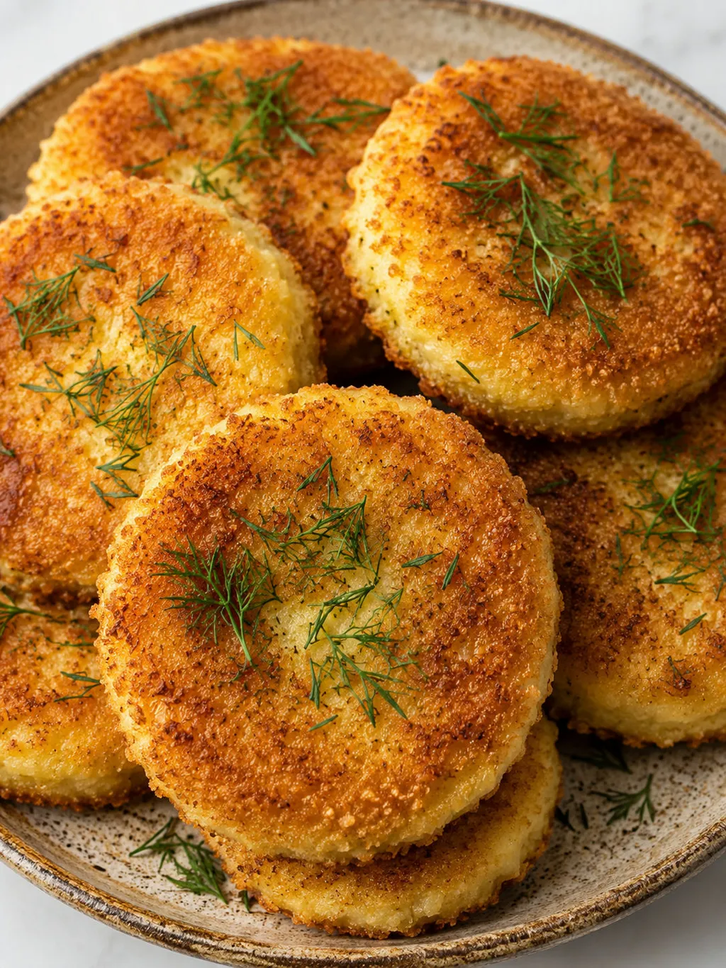 Close-up of crispy golden Polish egg cutlets with fresh dill on top