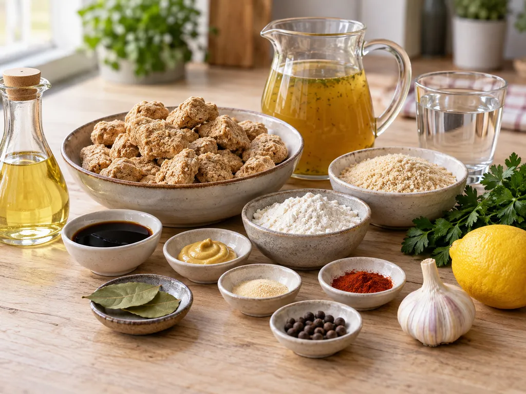 Składniki na kotlety sojowe z bulionem, bułką tartą i przyprawami