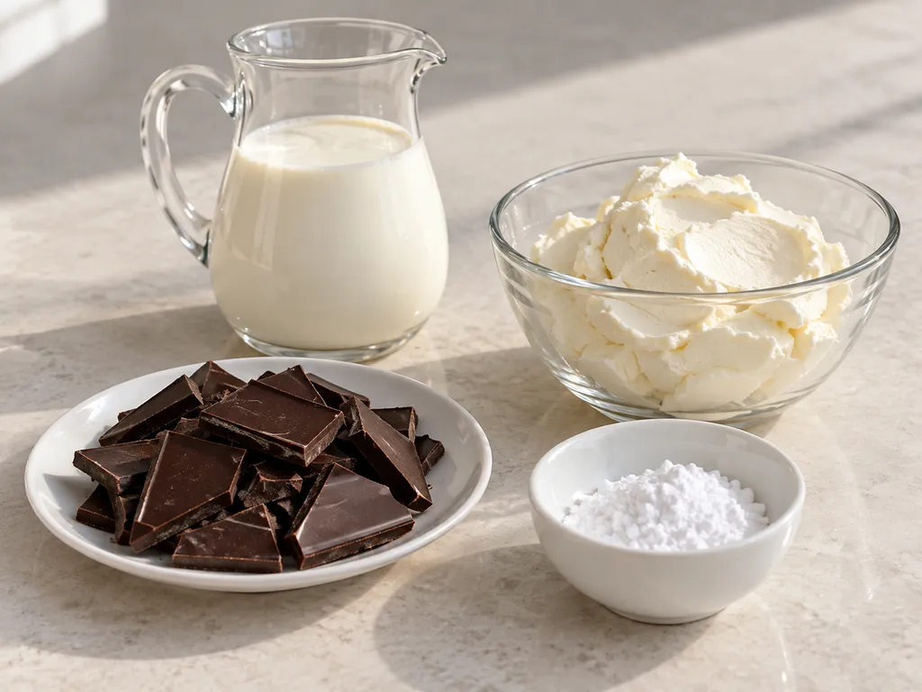 Gorzka czekolada, śmietanka, mascarpone i cukier puder w oddzielnych naczyniach