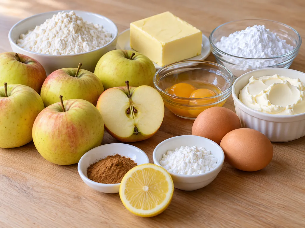 Składniki na szarlotkę z mascarpone: jabłka, mascarpone, mąka i cynamon
