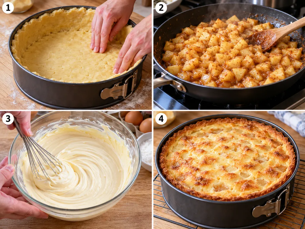 Cztery etapy przygotowania szarlotki z mascarpone od ciasta po pieczenie