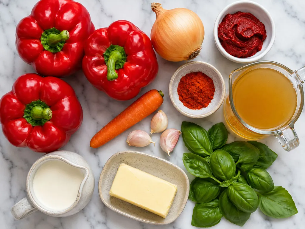 Raw red peppers, onion, carrot, cream and spices for creamy pepper soup