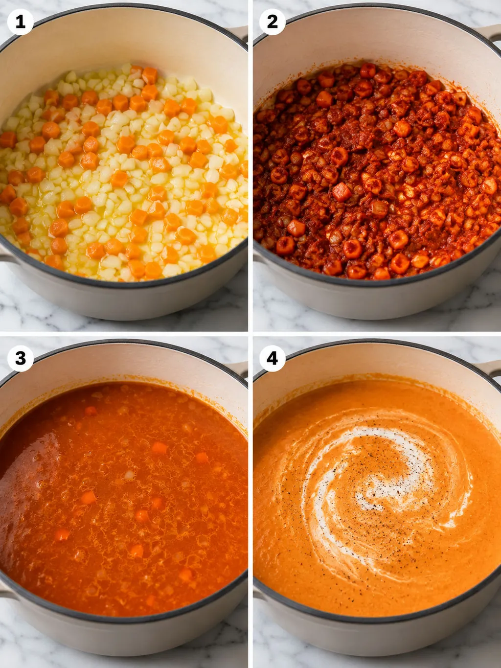 Four steps of making creamy red pepper soup from sauteing to blending