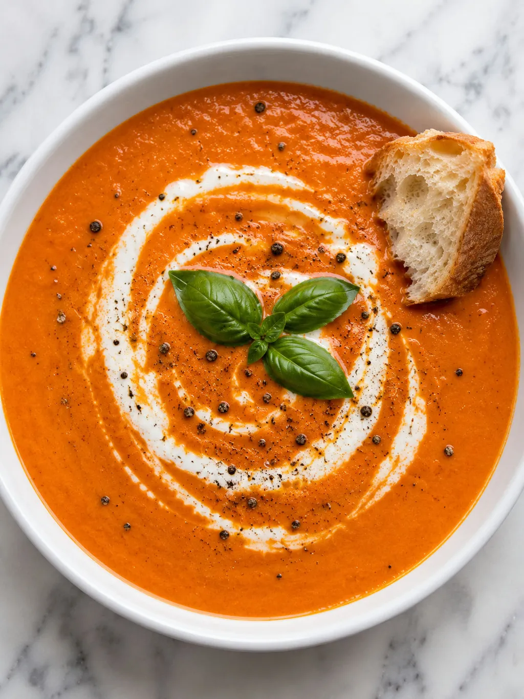 Top-down bowl of creamy red pepper soup with basil and crusty bread