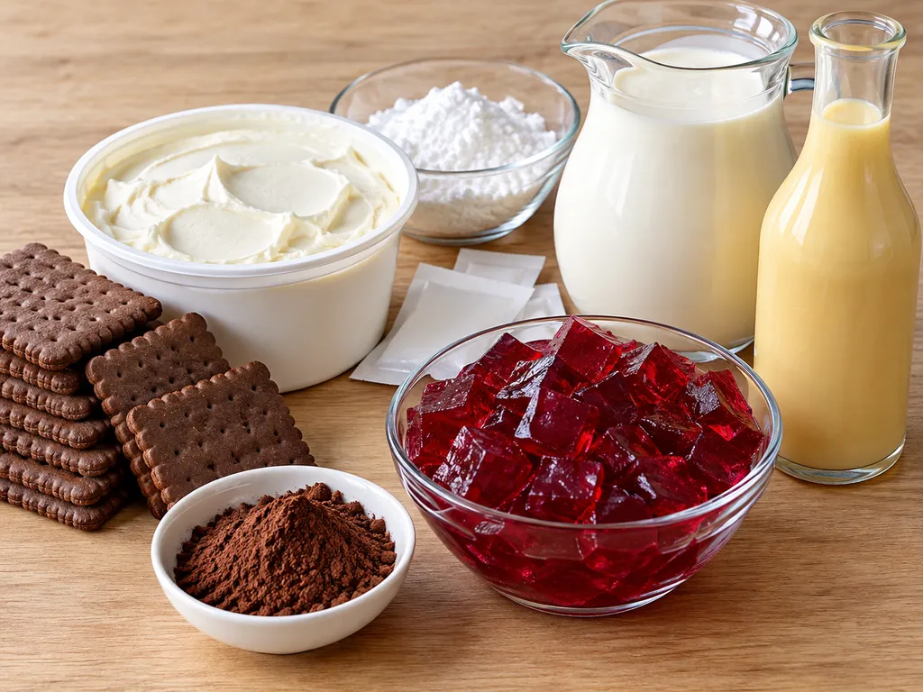 Składniki na ciasto adwokat diabła: mascarpone, śmietana, likier adwokat i herbatniki