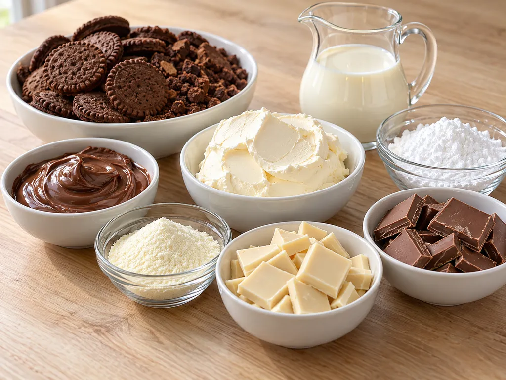 Składniki na ciasto Kinder Joy: herbatniki, mascarpone, biała i mleczna czekolada