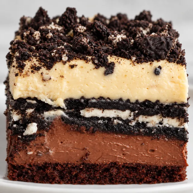Kawałek ciasta z Oreo i masłem orzechowym z widocznymi warstwami kremu