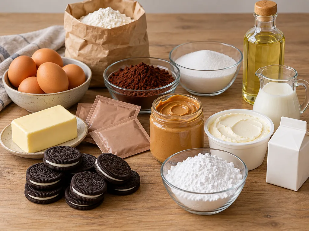 Składniki na ciasto z Oreo i masłem orzechowym rozłożone na blacie