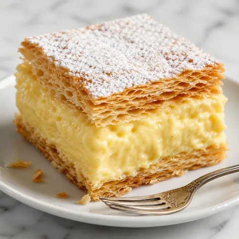 Square of kremówka papieska with blistered puff pastry and thick vanilla custard
