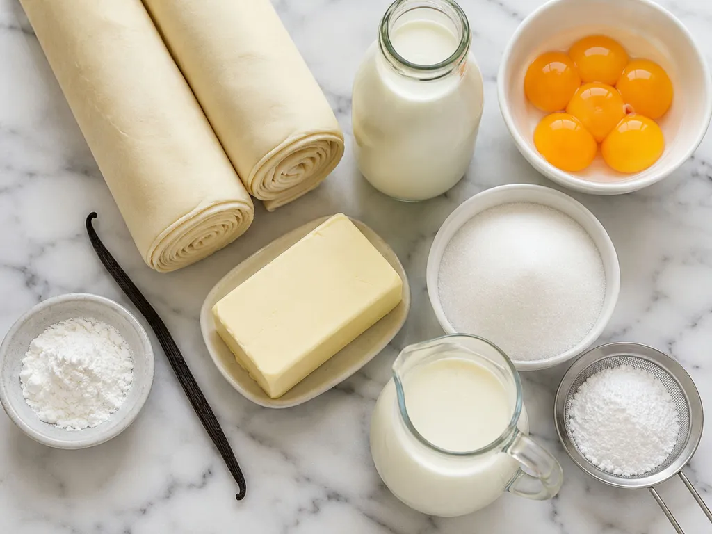 Raw ingredients for kremówka papieska including puff pastry, egg yolks, and vanilla